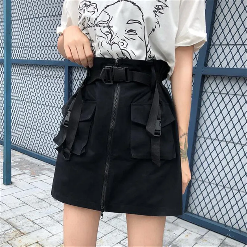 

ALSYIQI Women's Skirts Casual Pockets Skirt Sashes Ladies Short Tool Skirt Summer A Line Zipper One-Step Skirt with Belt