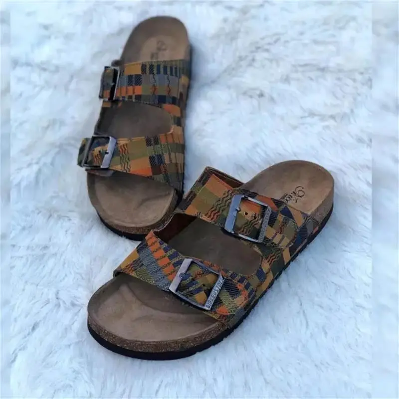

2021 New Men's Shoes Fashion Trend Casual Classic Open Toe Double Metal Buckle Cloth Strap Cork Sole Men's Slippers 3KC232