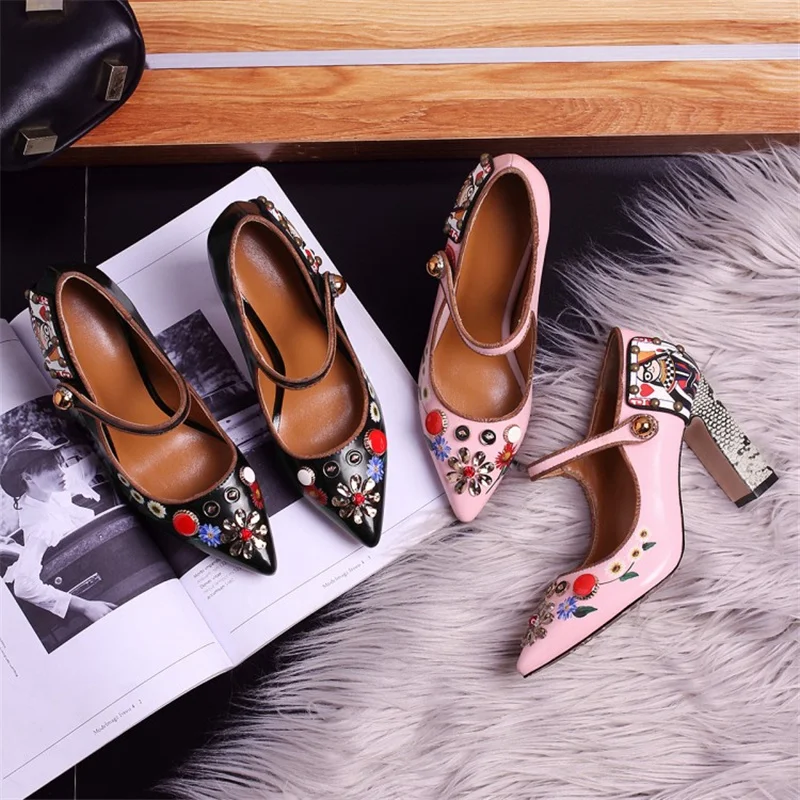 Women Single Shoes Buckle Mixed Colors Shallow Mary Janes Sandalias Mujer Embroidery Pointed Toe Rhinestone Sexy Sandalias Mujer