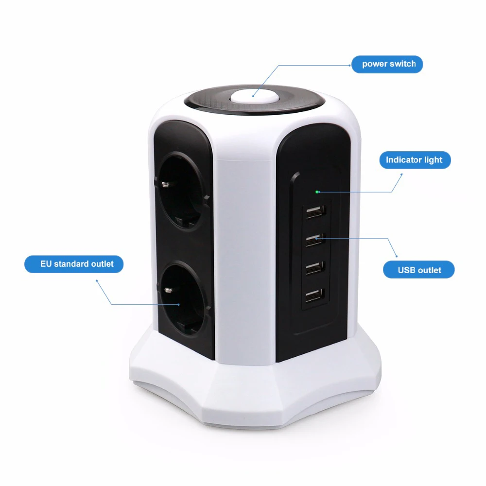 Tower power Strip Вертикальная Защита от перенапряжения 6 выходов ЕС розетка с usb-переключателем защита от перегрузки 2 м удлинитель