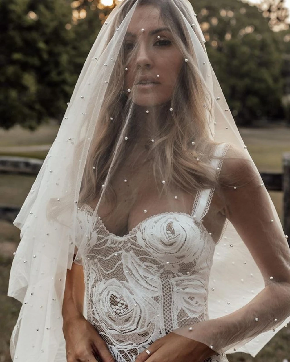 YouLaPan V114 Pearl Veil with Blusher 2 tiers Bridal Veil Cathedral White Ivory Wedding Veil with Pearls Bride Veils Cover Face
