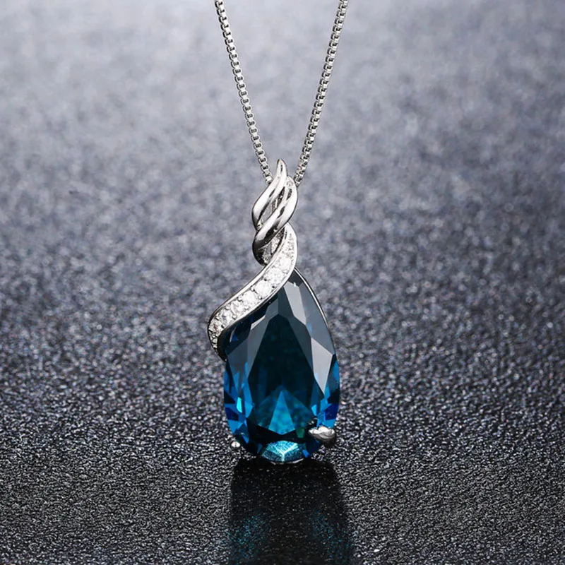 

925 Silver Fashion Jewelry Drop-shaped Sapphire Blue Crystal Imitation Topaz Pendant Necklace For Women Exquisite Jewelry Gift