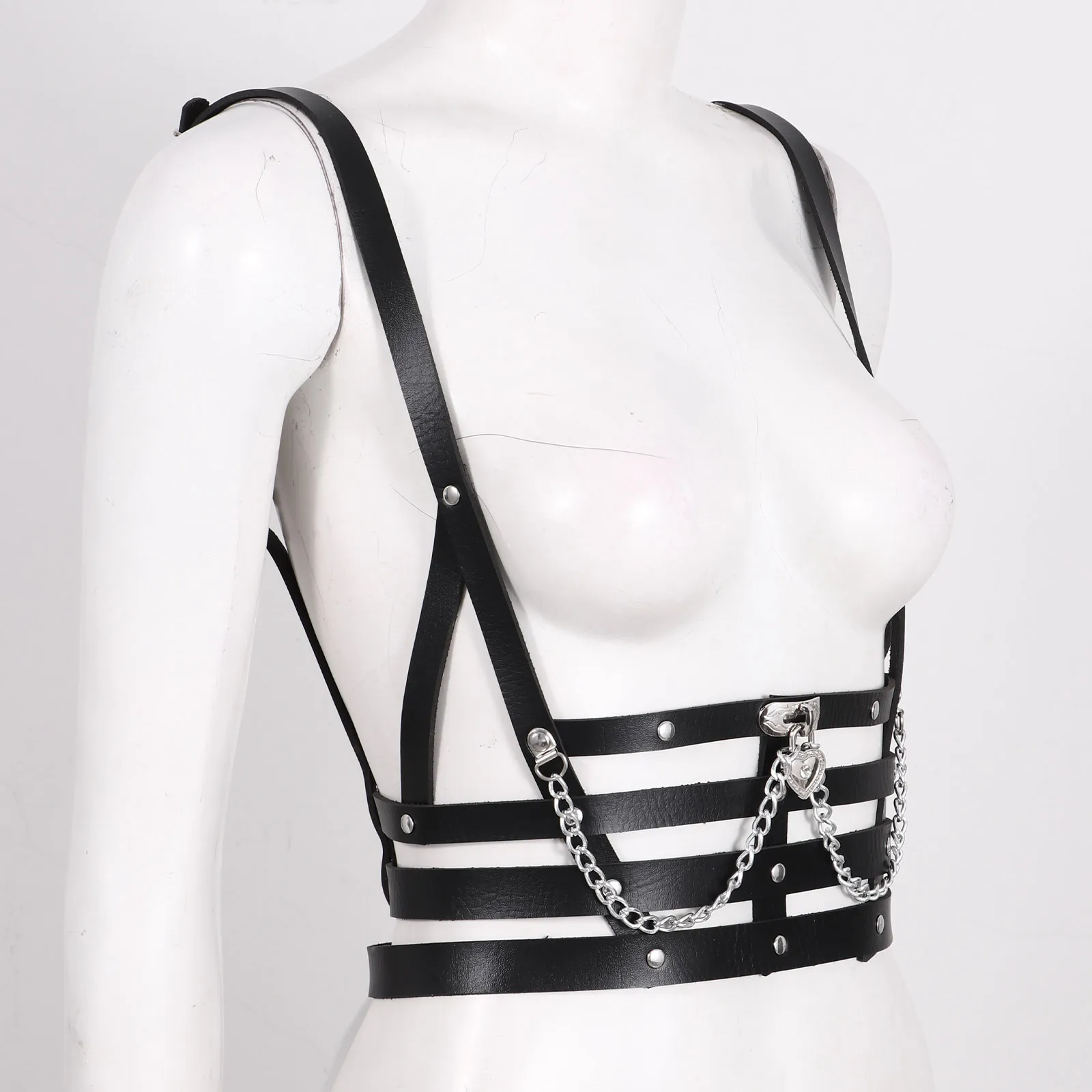 

Women Rave Body Chest Harness Waist Belt Sexy Harajuku Caged Bra Rivets Chain Decor Leather Punk Suspender Harness Shoulder Belt