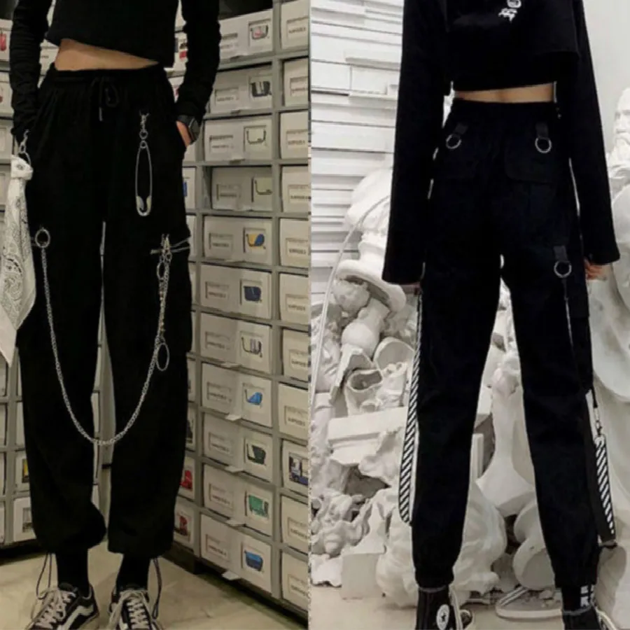 

Women Cargo Pants with Chain 2020 Spring Autumn Korean Hip Hop Streetwear Pants Overall Girl's Women's Sweat Pants Female Casual