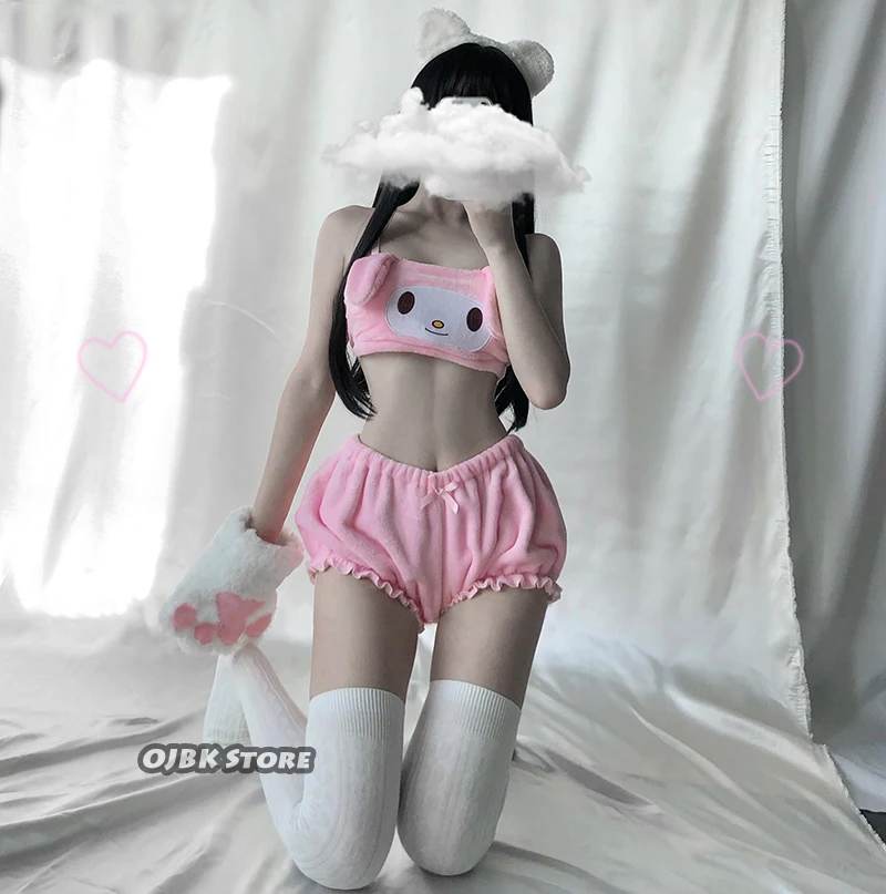 OJBK, сексуальные костюмы AnimeCosplay, бюстгальтер с длинными ушами и панталоны, розовый и белый, Kwaii, бархатный топ-труба и трусики, комплект для девочек