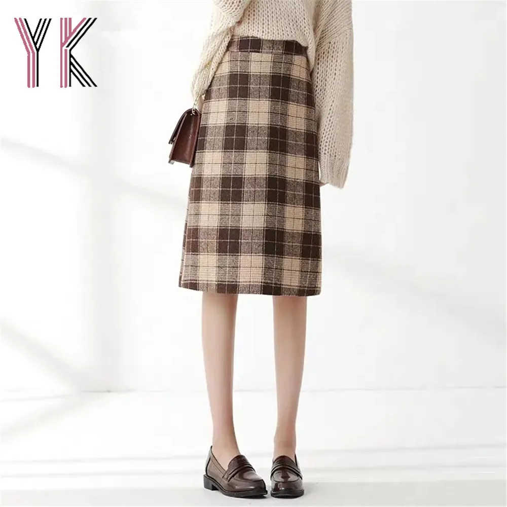 

Plaid Wool Blend High Waist Back Slit Wrap Midi Skirt Office Lady Elegant Aesthetic Vintage Sukienka Japanese Autumn Winter Saia