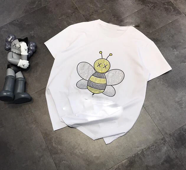 

Newest Crystal Bee Decorations Women T shirts Summer Short Sleeve Cotton t-shirt White Black