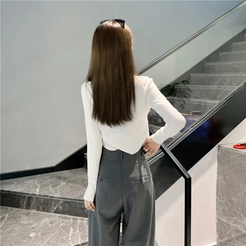 

T-shirt for Women Spring Autumn Clothes Fashion Long Sleeve Crop Tops Zipper Design Tee street Female Slim Black White T-shirt