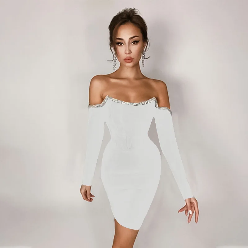

2021 New Sexy Women Long Sleeve Bandage Dress with Diomond Off Shoulder Evening Party Dress Club Dress Woman Vestidos Fashion