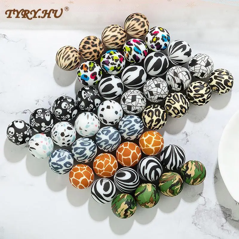 TYRY.HU 200Pc 12/15mm Silicone Round Beads Teething Necklace DIY Accessories Pacifier Chain Food Grade Terrazzo & Leopard Bead