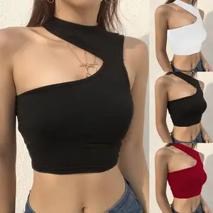 HOT SALES!!! Sexy Women Summer One Shoulder Crop Top Solid Color Halter Sleeveless Slim Vest