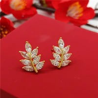 leaf shaped stud earrings girls women yellow gold filled fashion gift