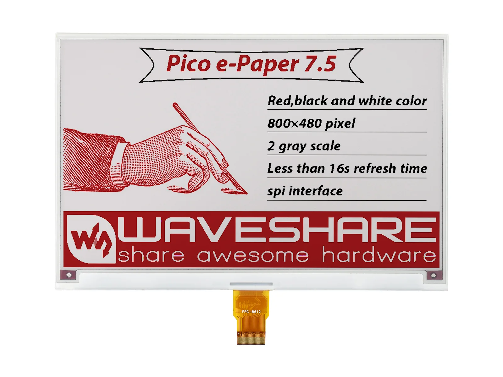 Фото Waveshare 7,5 дюймовый E-Paper E-Ink дисплей модуль (B) для Raspberry Pi Pico, 800 × 480, красный/черный/белый, SPI №3