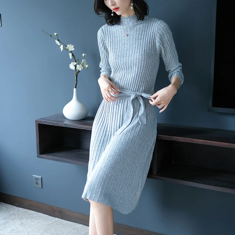Трикотажное платье-свитер Женское шерстяное платье с воротником-хомутом и