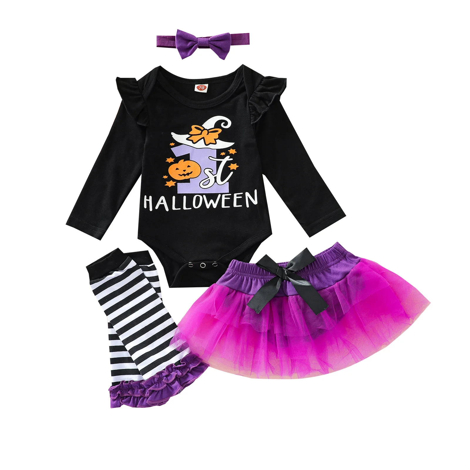 

Newborn Halloween Romper + Mesh Skirt Pants + Foot Cover + Headband, Cartoon Print Horizontal Stripes Spring Clothing Baby Sets