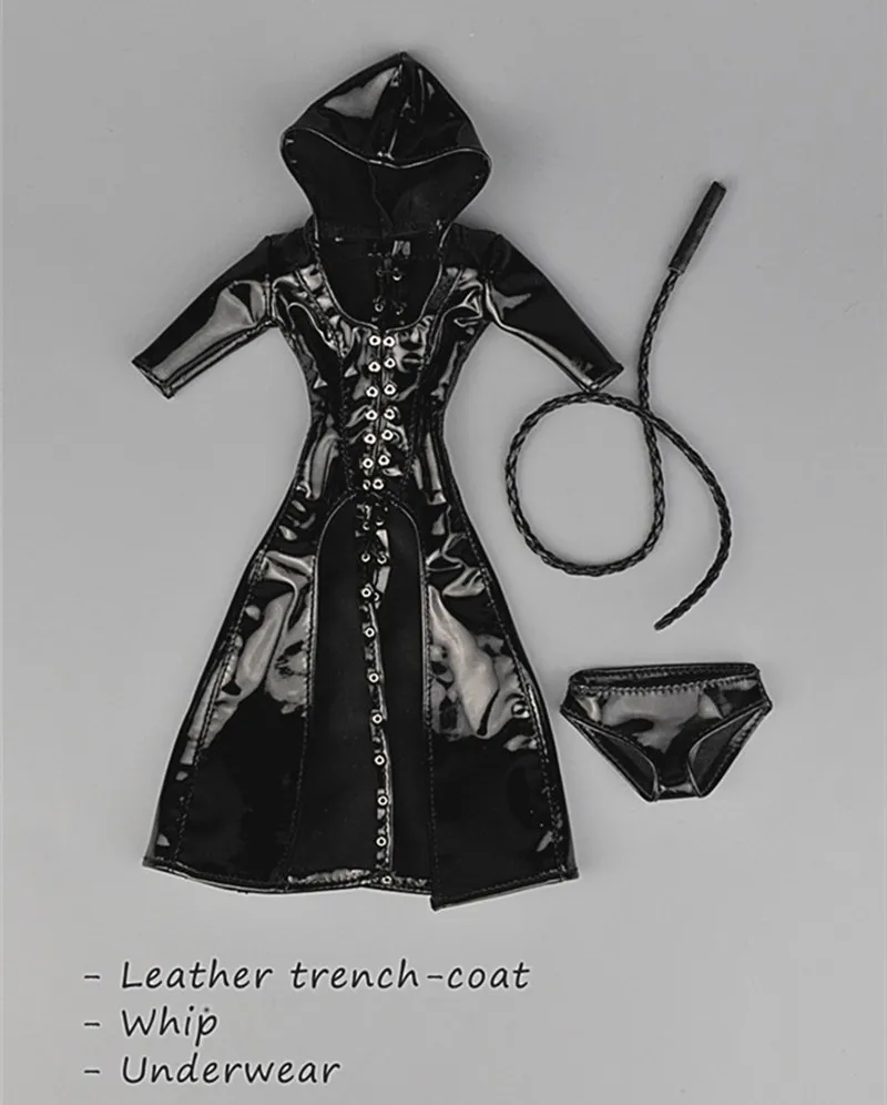 

1/6 Scale Sexy Leather Trench Coat Underpants Whip Suit for 12" Female Action Figure Seamless Body Doll Toy Accessory