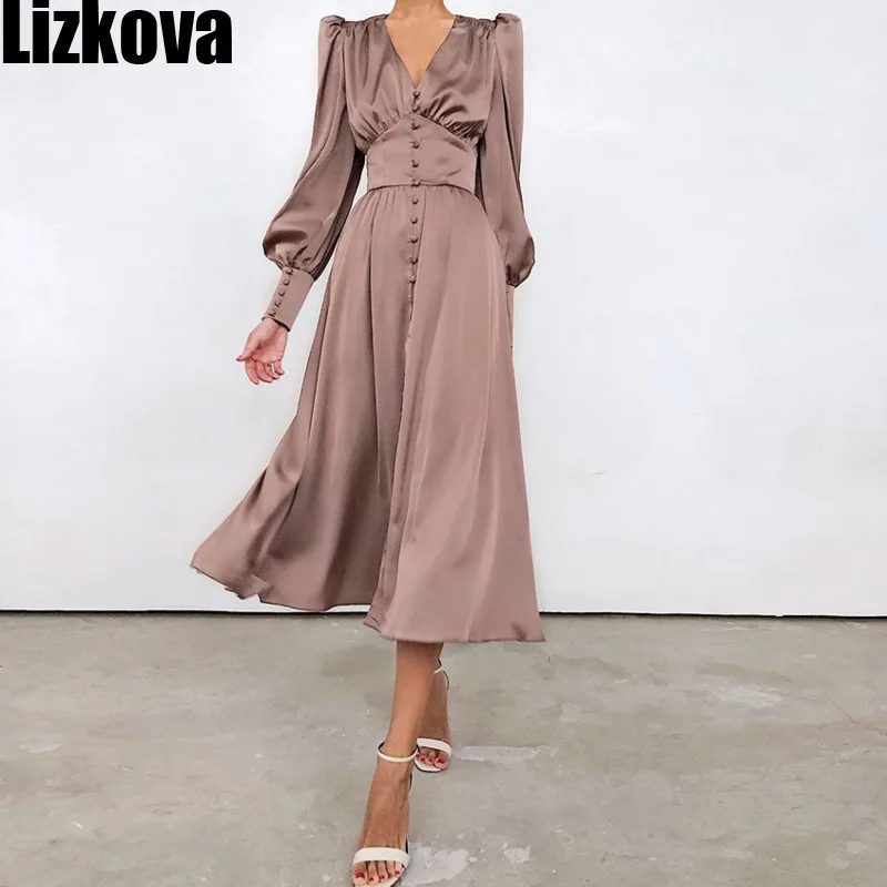 Lizkova 2021 атласное платье Для женщин Винтаж Фонари рукав туника для вечеринки