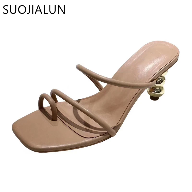 Шлепанцы SUOJIALUN женские с круглым каблуком модные сандалии узкими ремешками