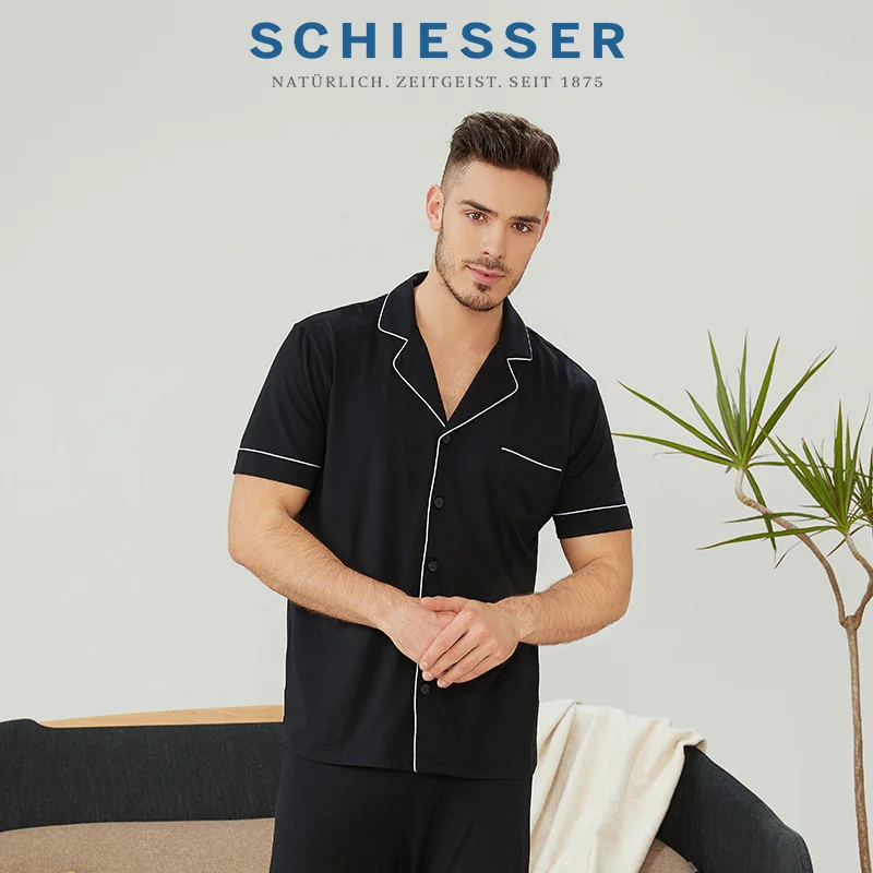 SCHIESSER 21SS Men's Cotton Modal Lapel Cardigan Short Sleeve Trousers Home Suit E5/18662H