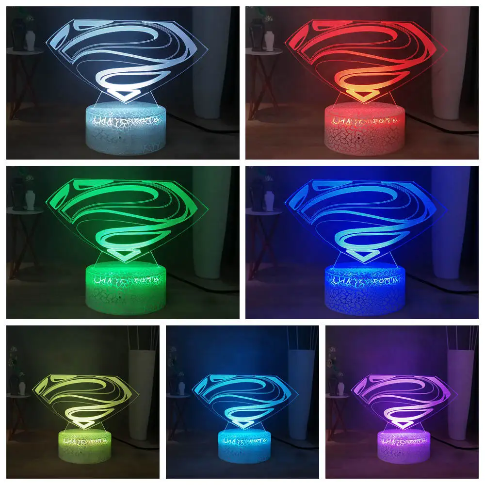 Светодиодный Ночной светильник с логотипом Супермена, символ Marvel, RGB, многоцветная USB, мини-Сенсорная 3D визуальная настольная лампа, вентиляторы фильмов, Подарочная игрушка