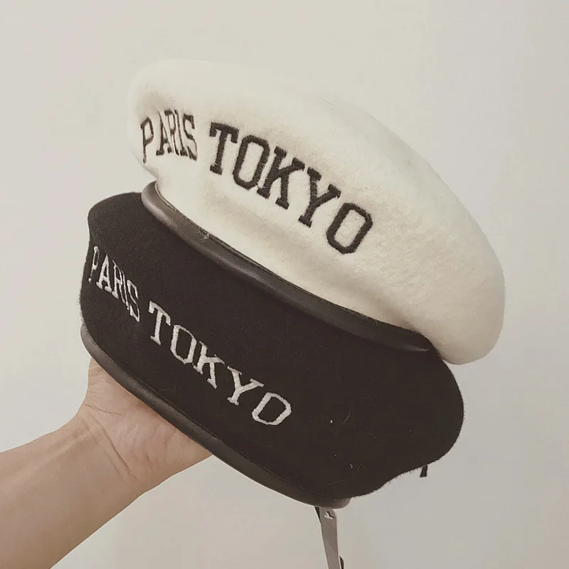 Новая мода шерсть белый Чёрный берет Кепка Военная кожа Sweatband Французский женский берет шапка с вышивкой зимняя теплая шапка