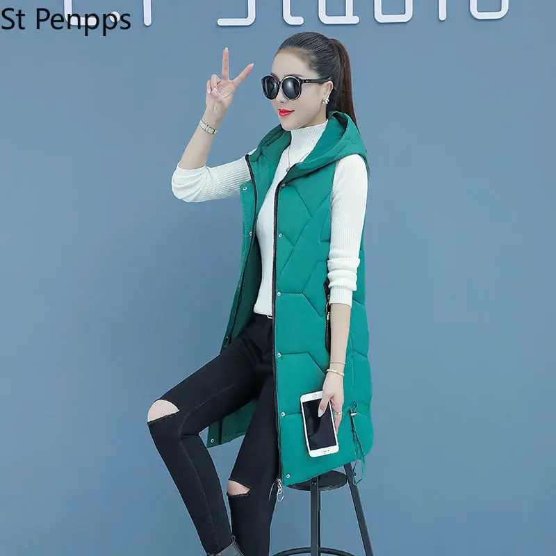 

Женский Длинный пуховой жилет, теплая хлопковая Верхняя одежда без рукавов, с капюшоном, Осень-зима 2021