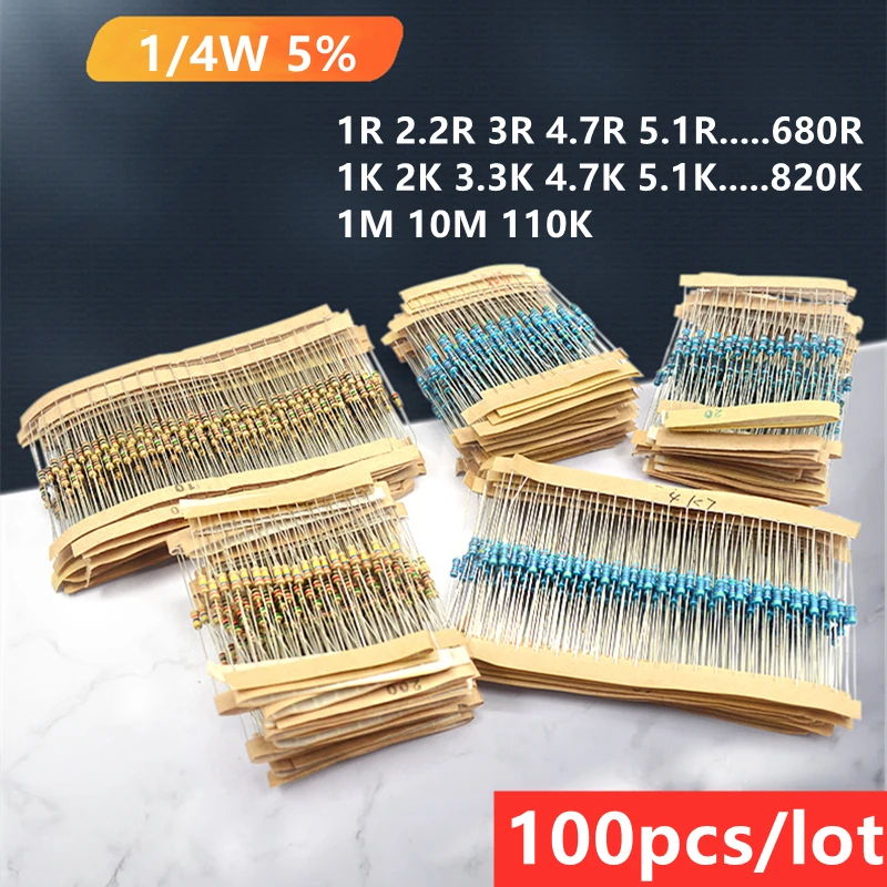 

100PCS/Carbon film 1/4W 5% resistance element 1R 2.2R 4.7R 5.1R 33R 100R 200R 680R 1K 2K 3.3K 4.7K 5.1K 10K 15K 20K 220K 820K 1M