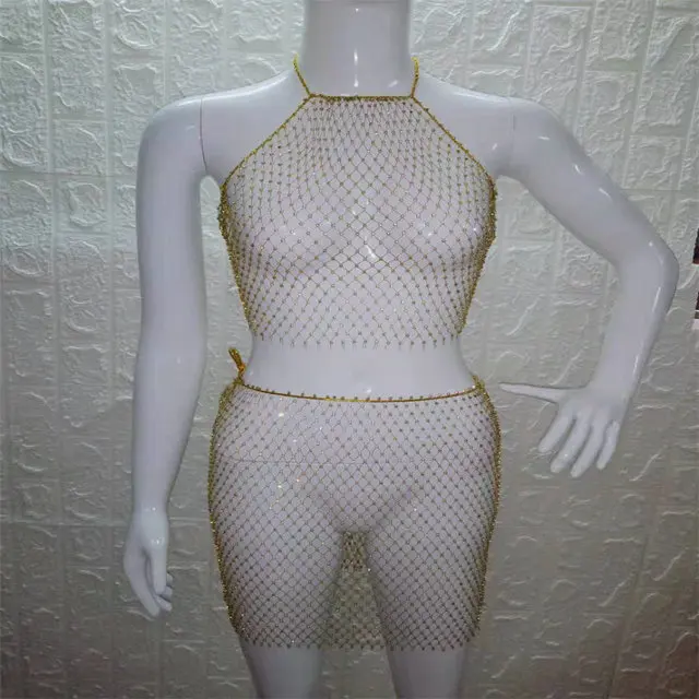 as PARAKINI Sparkly Crystal Diamonds Bikini Beach Women Dress Beach Cover Up Dresses Fishnet Cropped Top Two Pieces Set Beach Dress - Color: as