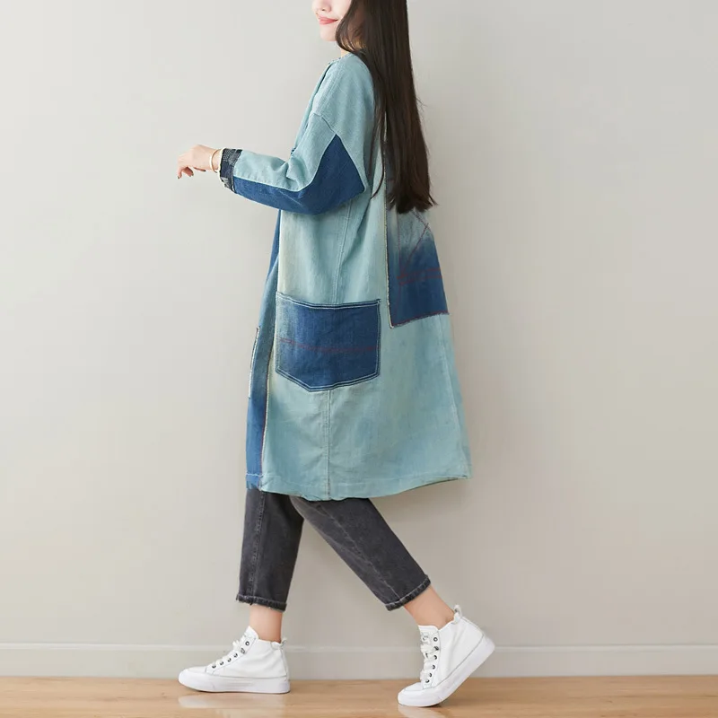Женский джинсовый плащ в стиле пэтчворк верхняя одежда женское однобортное