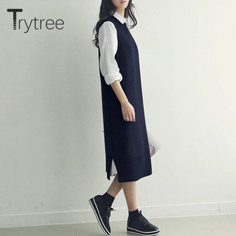 Trytree 2020 осенне зимнее женское Повседневное платье с круглым вырезом трикотажное