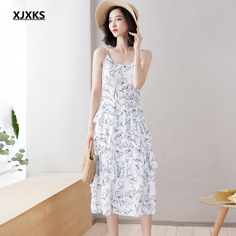 

XJXKS 2021 summer new high-quality casual women dress fashion printing sleeveless women suspender dress