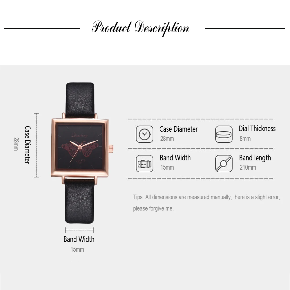 

Watches Women Square Leather Strap Casual Quartz Watch Ladies Fashion Luxury Brand Butterfly Wristwatch Female Clock