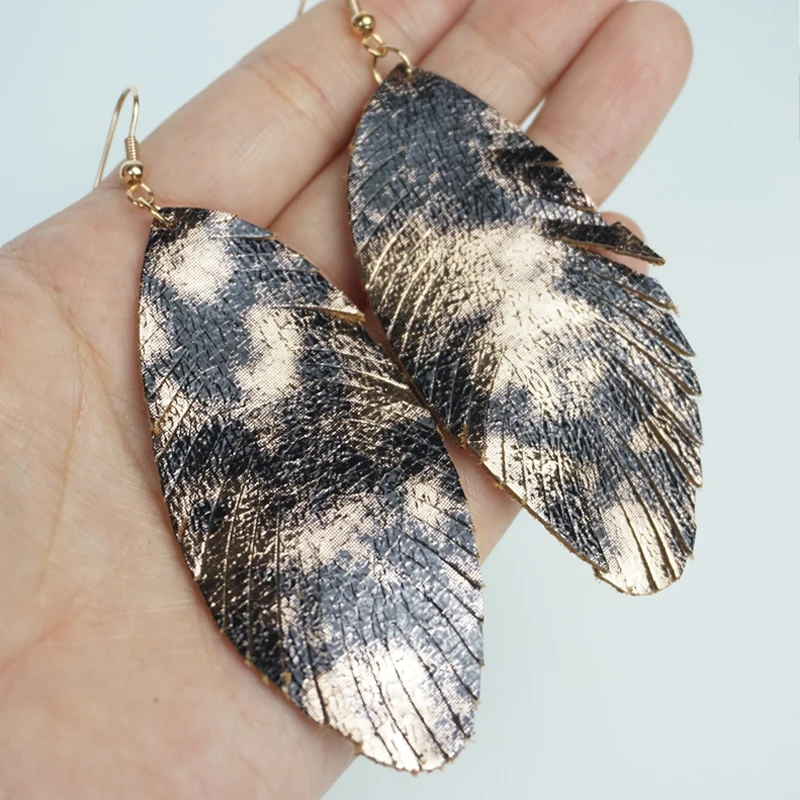 Cpop Trendy Glitter Genuine Leather Earrings Women Nature Shiny Feather Elegant Tassel Dangle Fashion Jewelry Wholesale | Украшения и