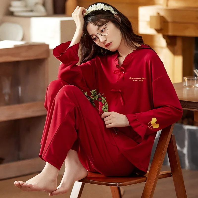 Sleepwear Women Cotton 2 Piece Pajama Set Spring Autumn Woman Princess Round Neck Long Sleeved Plus Size Korean Pajamas