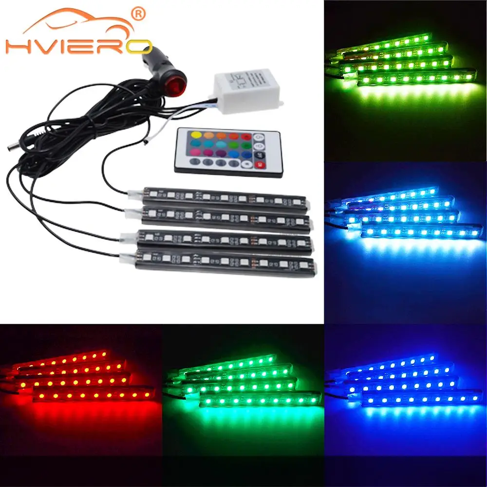 4 шт. Автомобильный светодиодный RGB светодиодный светильник 5050 SMD с автоматическим пультом дистанционного управления, декоративный гибкий светодиодный купольный атмосферный комплект противотуманных фар 12 В постоянного тока