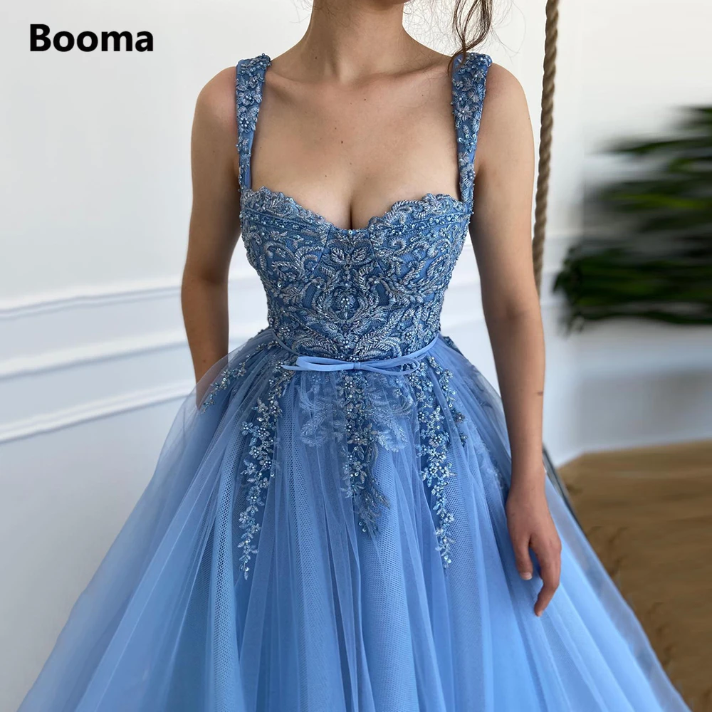 

Booma Spaghetti Straps Blue Tulle Prom Dresses Sweetheart Lace Appliques Top A-Line Prom Gowns Pockets Long Wedding Party Dress