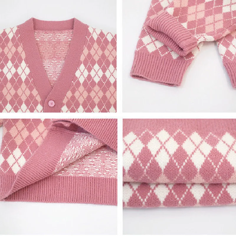 

Cardigan Women Argyle Vintage Panelled Loose Single Breasted Knitted Sweaters Autumn Female Preppy Style Loose All-match OL Chic