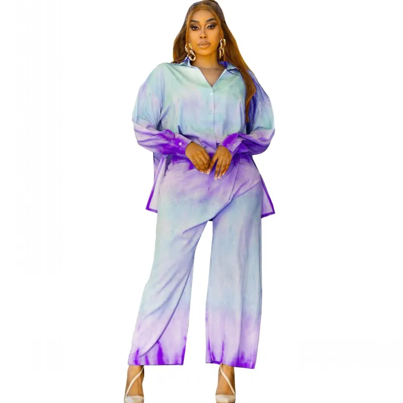 

Женский брючный костюм, повседневный комплект из двух предметов, рубашка с длинным рукавом и градиентным принтом, осень 2021