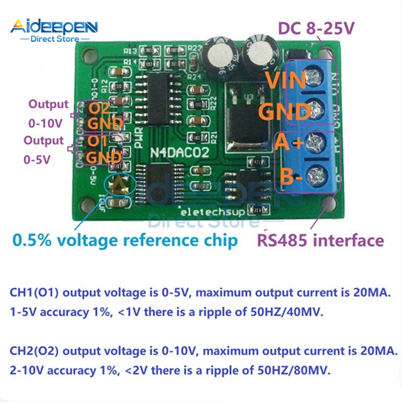Аналоговый преобразователь DAC to напряжение DC 12 В 2 канала Φ 0-5 в 0-10 PWM RS485 Modbus RTU Board |