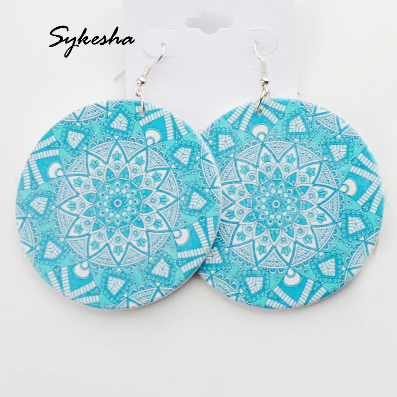 Богемные Этнические украшения синие деревянные серьги с цветочным принтом для