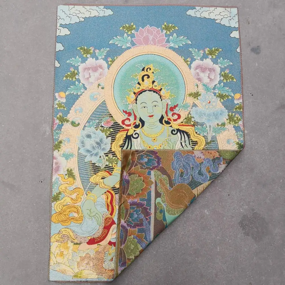 35 &quotТханка вышивка тибетский буддизм шелк парча Непал зеленая Тара сидящий