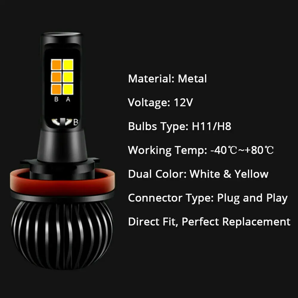 H8 H11 Car Lights 3030 LED Fog Bulbs White Amber Dual Color Conversion 2pcs | Автомобили и мотоциклы