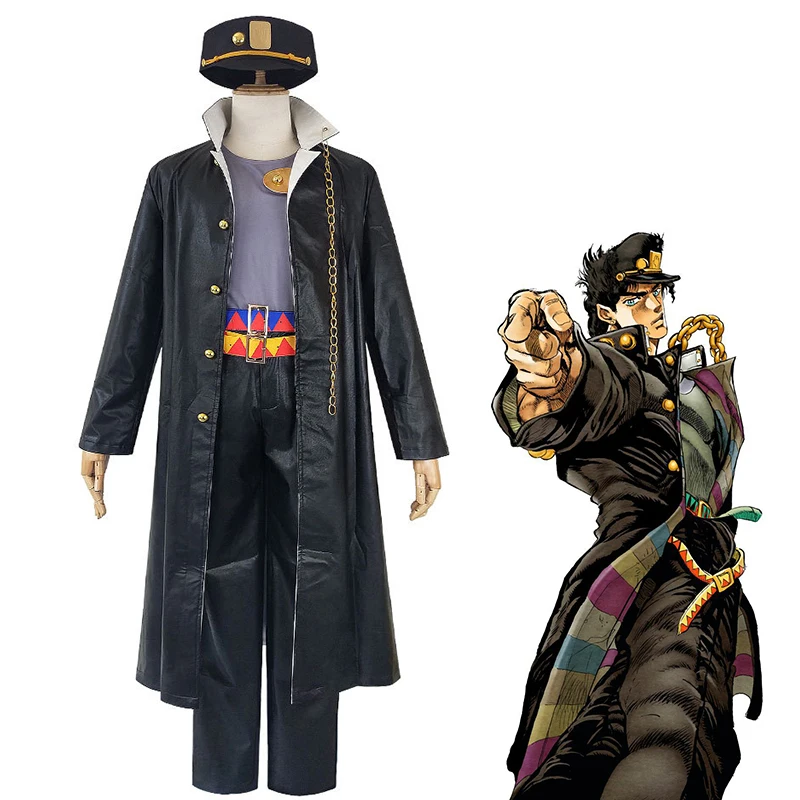Аниме Kujo Jotaro, костюм для косплея, рубашка, шляпа, брюки, Необычные Приключения JoJo, Jotaro KujoFull, набор, черная одежда для мужчин и женщин, Хэллоуин