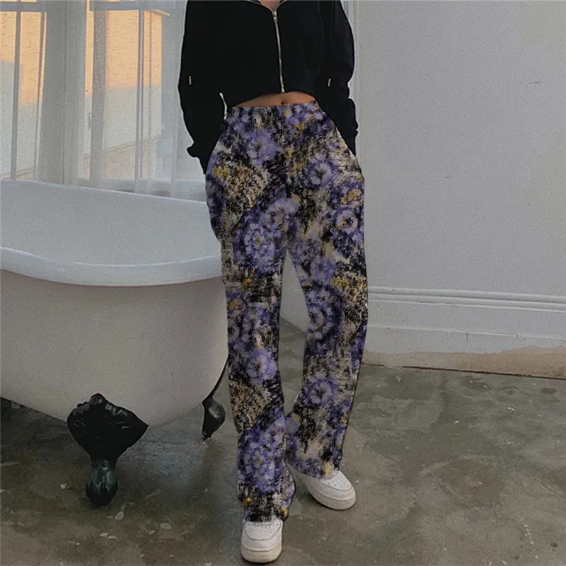 

Focal20 Streetwear Swirl Tie Dye Printed Women Pants High Waist Casual Loose Female Bottoms Wide Leg Elastic Waist Lady Trousers