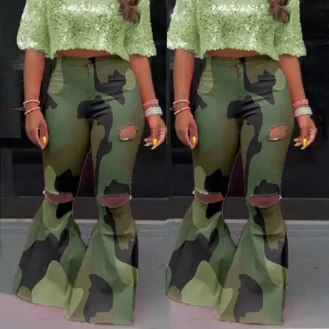 Women Camouflage Flare Jeans High Waist Ripped Jeans Lady Skinny Bell Bottom Jeans Pants Wide Leg Jeans  Vaqueros #T2Q