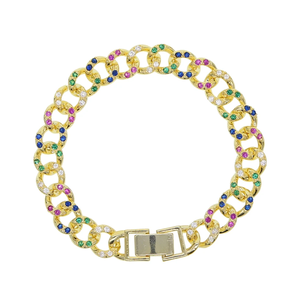 gold rainbow Micro pave Радужный cz проложили хип-хоп Женский кубинский браслет-цепочка Ювелирные изделия 17 см кубинская цепь в Майями разноцветный cz браслет - Окраска металла: gold rainbow
