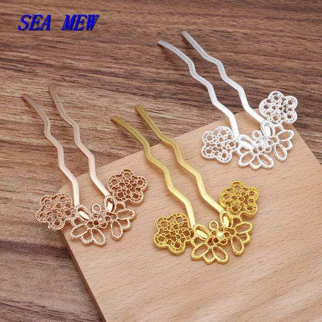 

10 PCS 25*44mm Metal Alloy Flowers Hair Sticks Settings Copper U Shape Hair Fork DIY Hairwear Accessories For Jewelry Making