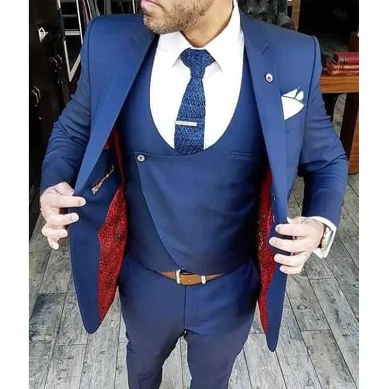 Новейшие темно синие смокинги для жениха на свадьбу приталенные мужские костюмы