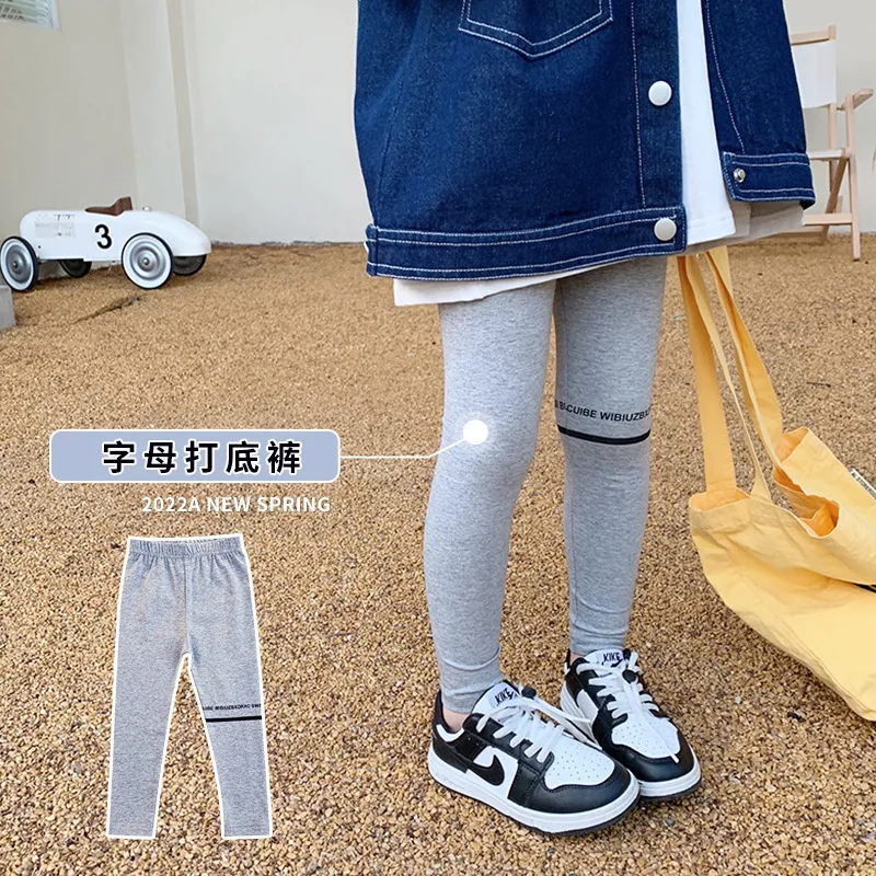 Mila Chou 2022 Spring Autumn New Baby Girls Letter Print Leggings Children's Grey Stretch Trousers Kids Cozy Slim Cotton Pants  - buy with discount