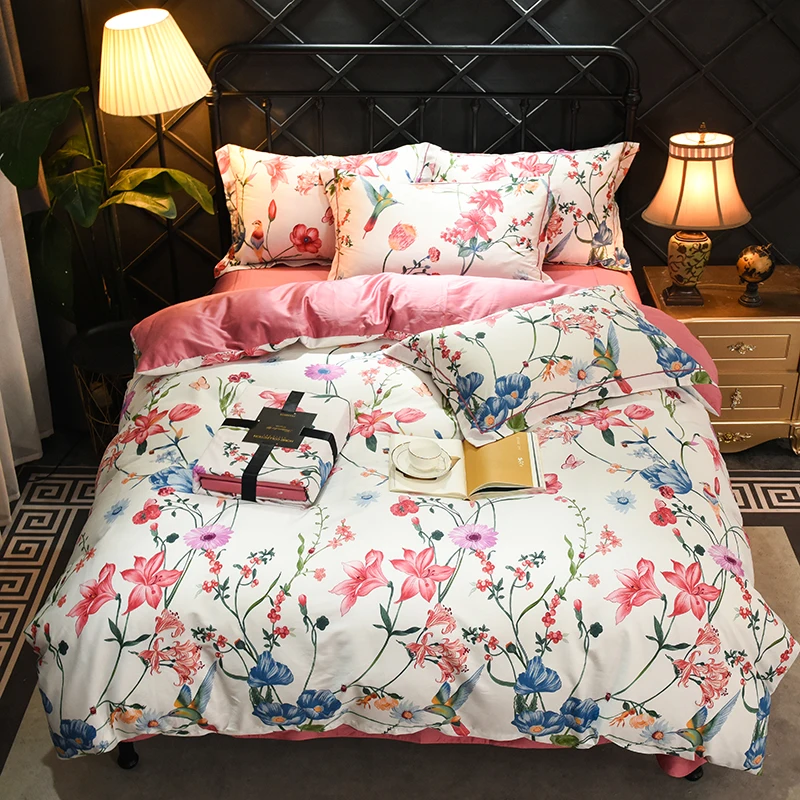 Розовый принт серии 600TC Египетский хлопок Мягкий пододеяльник простыня набор